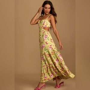 Lulu's Sweet Statement Chartreuse Floral Print Cutout Maxi Dress Size M